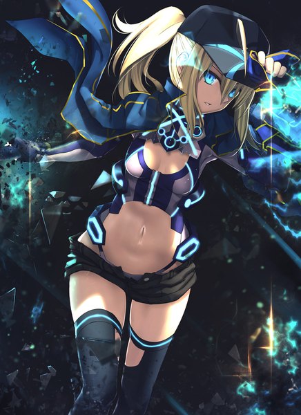 Anime picture 1456x2000 with fate (series) fate/grand order artoria pendragon (all) mysterious heroine x (fate) kawanakajima single long hair tall image looking at viewer fringe breasts blue eyes light erotic blonde hair hair between eyes payot cleavage ahoge ponytail parted lips