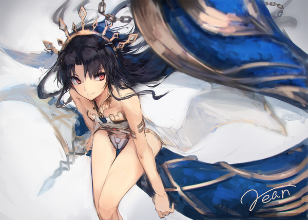 Anime picture 1400x998 with fate (series) fate/grand order ishtar (fate) rean (r ean) single long hair light erotic black hair simple background smile red eyes bare shoulders signed looking away blurry leaning two side up leaning forward thigh gap floating hair