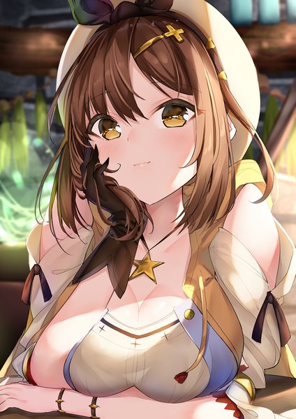 Anime picture 848x1200 with atelier (series) atelier ryza gust (company) reisalin stout shiero. single tall image looking at viewer short hair breasts light erotic brown hair large breasts bare shoulders brown eyes cleavage upper body head rest girl gloves