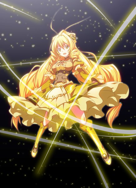 Anime picture 827x1137 with vividred operation vividyellow kaneda mitsuko single long hair tall image looking at viewer open mouth blonde hair yellow eyes drill hair girl dress boots
