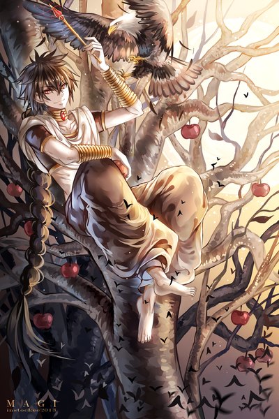 Anime picture 960x1440 with magi the labyrinth of magic a-1 pictures judal instockee single tall image looking at viewer black hair smile red eyes braid (braids) very long hair barefoot single braid boy plant (plants) animal tree (trees) bracelet bird (birds)