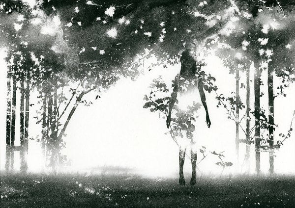 Anime picture 1181x835 with original tsujimegumi single fringe black hair standing barefoot monochrome silhouette girl plant (plants) tree (trees)