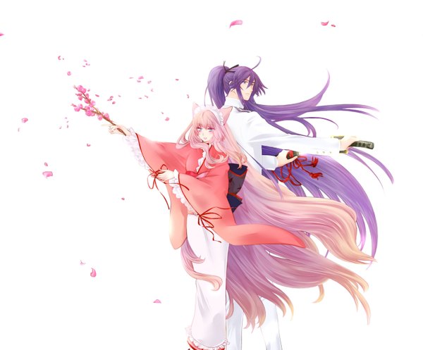 Anime picture 1447x1200 with otome youkai zakuro vocaloid j.c. staff megurine luka kamui gakupo fuumin (spike heel) blue eyes simple background white background animal ears pink hair purple hair ahoge ponytail very long hair japanese clothes cat ears back to back parody girl