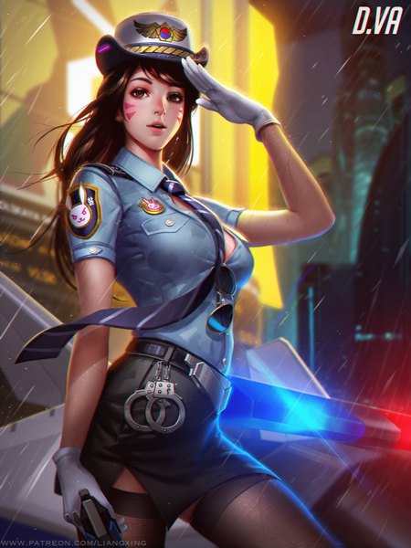 Anime picture 750x1000 with overwatch blizzard entertainment d.va (overwatch) officer d.va liang xing single long hair tall image looking at viewer fringe breasts brown hair large breasts standing brown eyes signed outdoors parted lips wind lips