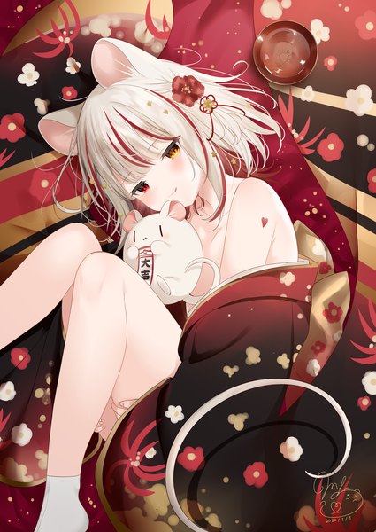 Anime picture 1254x1770 with original mafuyu (chibi21) single tall image looking at viewer blush fringe short hair light erotic smile red eyes bare shoulders signed animal ears yellow eyes payot bent knee (knees) white hair red hair lying
