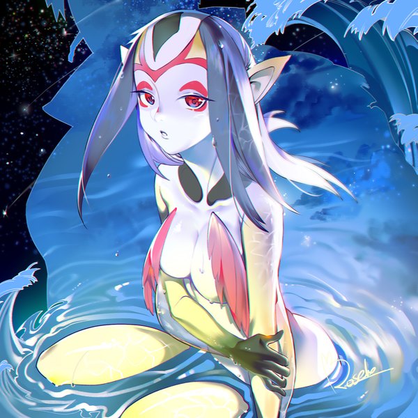 Anime picture 1200x1200 with blue submarine no 6 gonzo mutio rosele single long hair breasts light erotic red eyes sitting signed pointy ears grey hair :o wet partially submerged silhouette face paint holding arm double exposure