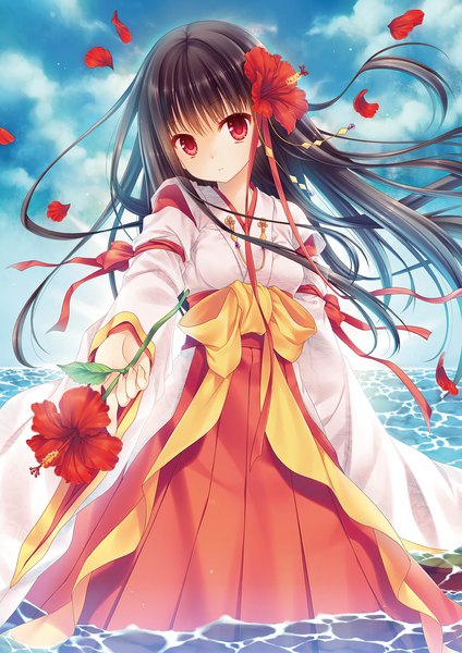 Anime picture 1356x1920 with original tatekawa mako single long hair tall image looking at viewer blush fringe black hair red eyes standing holding sky cloud (clouds) outdoors traditional clothes head tilt japanese clothes hair flower wind