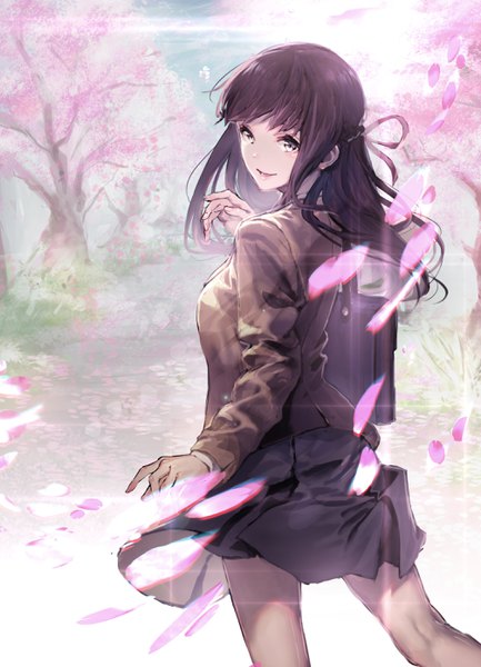 Anime picture 2012x2788 with original rolua single long hair tall image looking at viewer highres smile standing outdoors pleated skirt looking back wind grey eyes cherry blossoms half updo spring girl skirt ribbon (ribbons)