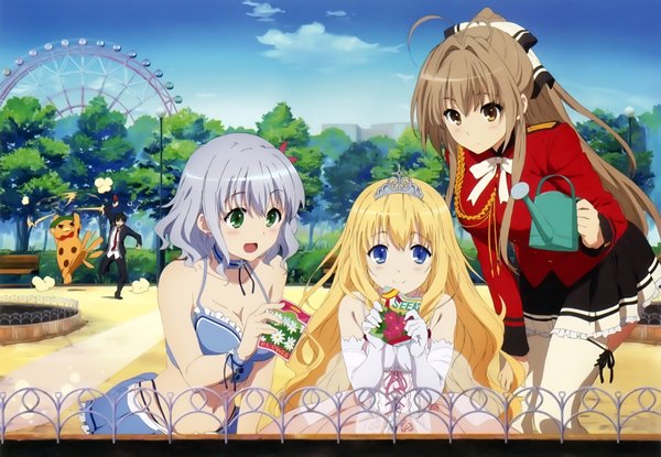 Anime picture 4727x3271 with amagi brilliant park kyoto animation sento isuzu latifa fleuranza muse (amaburi) bonta-kun kanie seiya long hair highres short hair blue eyes blonde hair brown hair multiple girls brown eyes green eyes blue hair absurdres ponytail scan