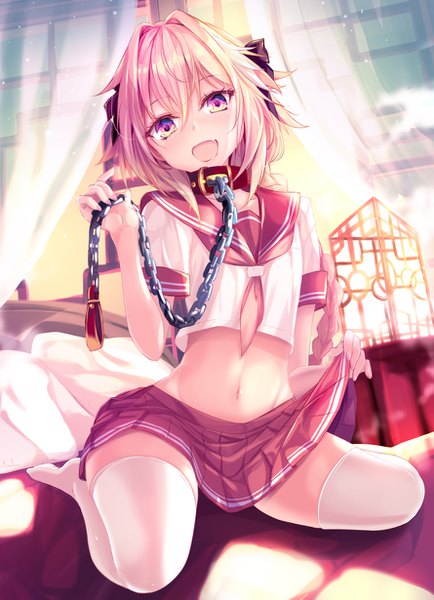 Anime picture 890x1230 with fate (series) fate/apocrypha astolfo (fate) haruka natsuki single long hair tall image looking at viewer blush fringe open mouth light erotic smile hair between eyes sitting purple eyes holding pink hair full body indoors