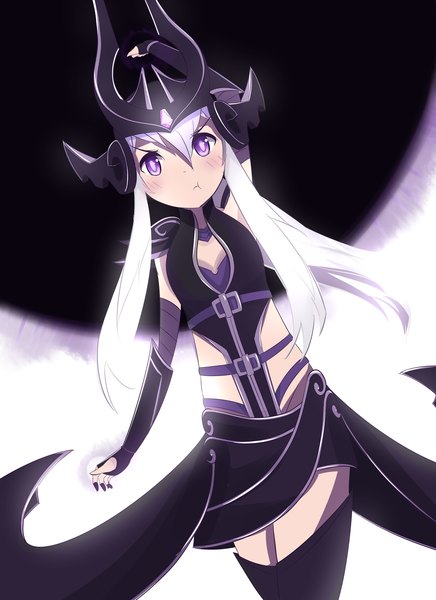 Anime picture 3000x4125 with league of legends syndra phibonnachee single long hair tall image blush highres purple eyes white hair girl gloves elbow gloves headdress thigh boots