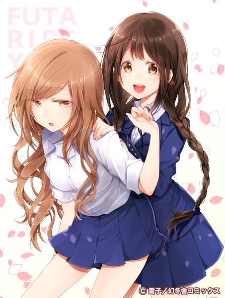 Anime picture 900x1192 with original yukinokoe long hair tall image breasts open mouth brown hair multiple girls brown eyes braid (braids) pleated skirt orange eyes twin braids wavy hair girl skirt uniform 2 girls school uniform shirt