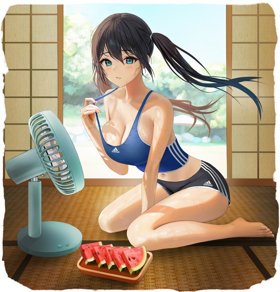 Anime picture 2666x2782 with original adidas tokkihouse single long hair tall image looking at viewer blush fringe highres breasts blue eyes light erotic black hair hair between eyes large breasts sitting twintails payot cleavage