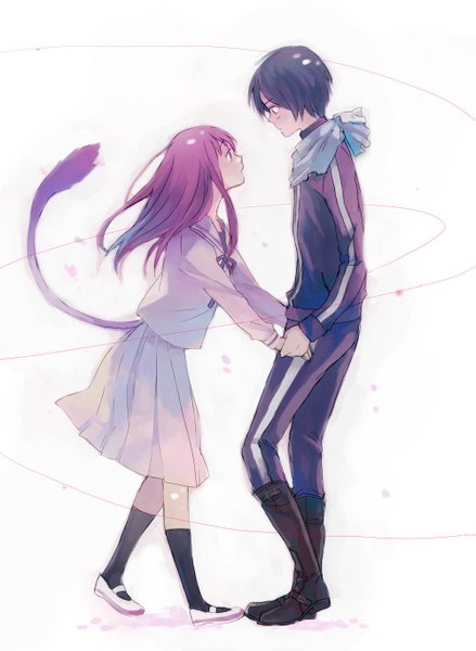 Anime picture 1000x1367 with noragami studio bones yato (noragami) iki hiyori karua long hair tall image blush fringe short hair white background holding purple hair tail pleated skirt holding hands face to face eye contact girl boy