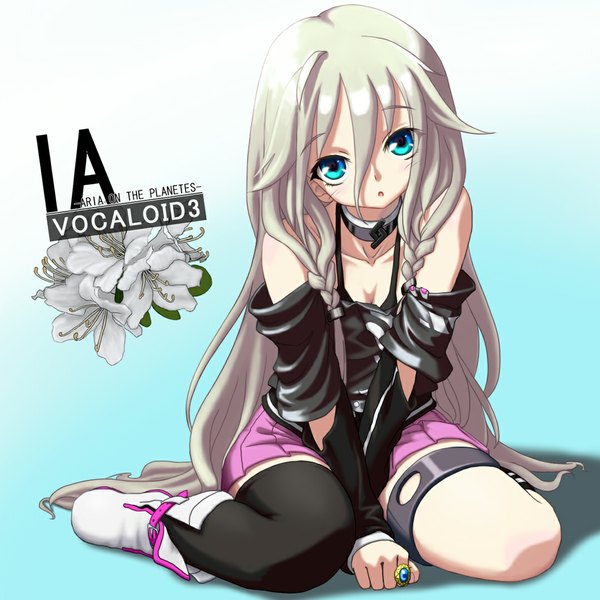 Anime picture 1080x1080 with vocaloid ia (vocaloid) single long hair looking at viewer blue eyes sitting bare shoulders white hair braid (braids) twin braids girl thighhighs skirt flower (flowers) black thighhighs boots ring collar pink skirt