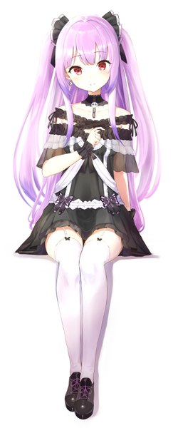 Anime picture 1200x2956 with virtual youtuber hololive uruha rushia uruha rushia (3rd costume) fuji noyume single long hair tall image looking at viewer blush simple background red eyes white background sitting purple hair full body light smile two side up girl thighhighs