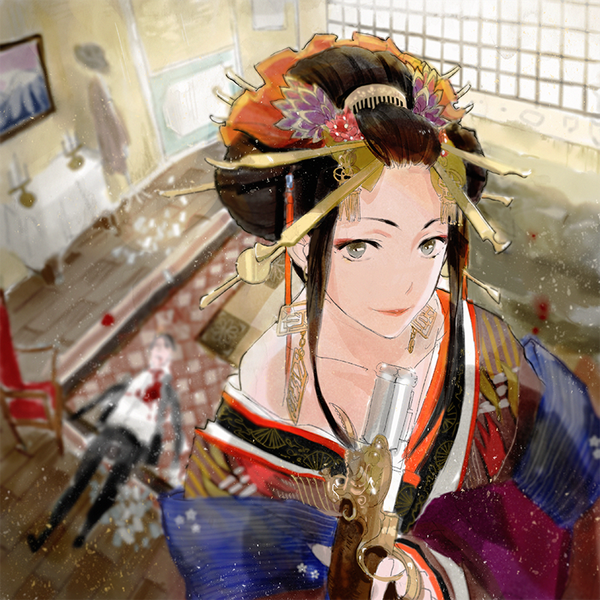 Anime picture 800x800 with original chairlog long hair looking at viewer fringe smile white background holding indoors lying traditional clothes japanese clothes hair flower from above lips off shoulder on back lipstick eyebrows eyeshadow