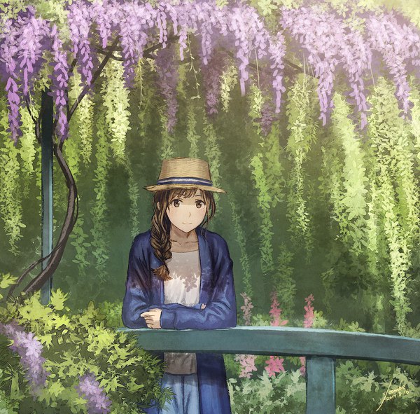 Anime picture 1200x1182 with original anbe yoshirou single long hair looking at viewer blush fringe hair between eyes brown hair standing signed braid (braids) long sleeves light smile sunlight shadow single braid crossed arms girl flower (flowers)