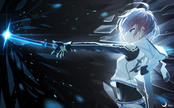 Anime picture 2000x1247 with original qian ye (qys3) qys3 single highres short hair blue eyes brown hair wide image signed looking away upper body ahoge profile outstretched arm covered navel animal hood glowing weapon broken glass girl