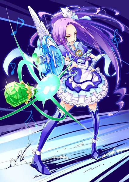 Anime picture 640x905 with precure suite precure toei animation seiren (suite precure) cure beat sory mousoup single tall image open mouth yellow eyes purple hair very long hair :o side ponytail fantasy fighting stance magical girl fairy girl
