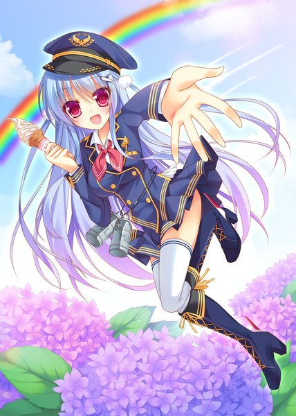 Anime picture 2500x3500 with original nakada rumi single long hair tall image looking at viewer blush highres open mouth red eyes blue hair girl thighhighs flower (flowers) white thighhighs food boots sweets ice cream peaked cap