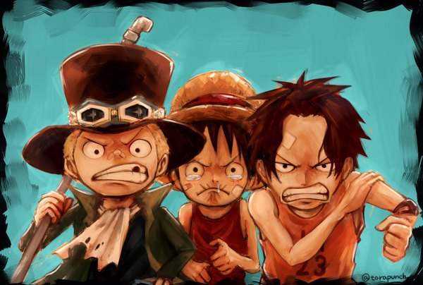 Anime picture 1024x690 with one piece toei animation monkey d. luffy portgas d. ace sabo (one piece) torapunch looking at viewer fringe short hair black hair simple background blonde hair standing bare shoulders holding signed upper body black eyes open clothes multiple boys