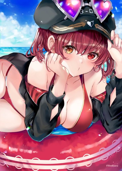 Anime picture 732x1024 with virtual youtuber hololive houshou marine houshou marine (summer) houshou marine (4th costume) hinahino single tall image blush fringe short hair breasts light erotic hair between eyes large breasts twintails signed sky cloud (clouds) red hair