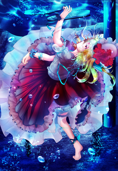 Anime picture 3772x5469 with touhou flandre scarlet hakurei19 single tall image fringe highres short hair blonde hair hair between eyes red eyes standing absurdres barefoot arm up floating hair outstretched arm standing on one leg looking up underwater