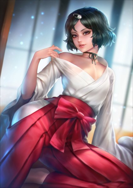 Anime picture 2480x3508 with steins;gate white fox urushibara ruka nudtawut thongmai single tall image looking at viewer fringe highres short hair black hair sitting purple eyes cleavage bent knee (knees) indoors traditional clothes japanese clothes barefoot lips