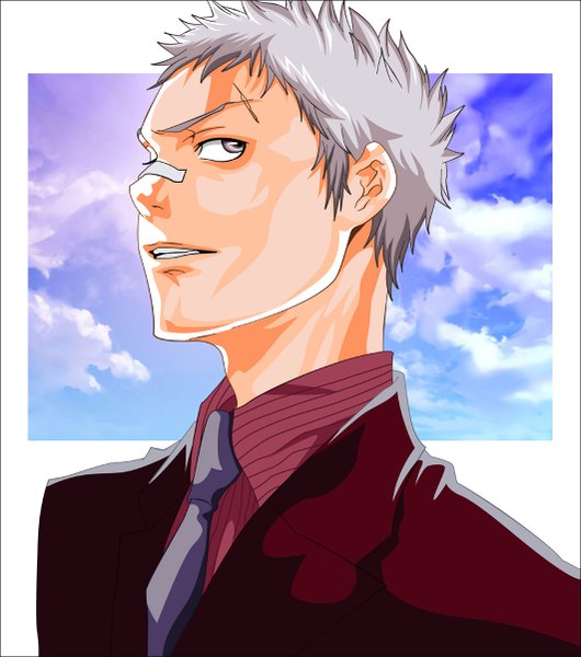Anime picture 1061x1202 with katekyou hitman reborn pixiv sasagawa ryohei morrow single tall image short hair cloud (clouds) parted lips grey hair looking up scar silver eyes bandaid on nose boy shirt necktie suit bandaid