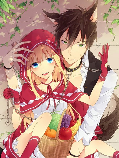Anime picture 700x927 with little red riding hood little red riding hood (character) big bad wolf tobari (brokenxxx) long hair tall image blush fringe breasts open mouth blue eyes blonde hair smile brown hair green eyes animal ears tail head tilt animal tail fingernails