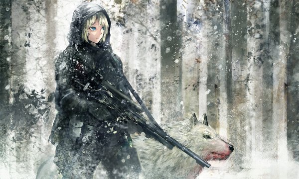Anime picture 1200x720 with original seafh (artist) short hair blue eyes blonde hair wide image sniper girl weapon plant (plants) tree (trees) gun hood blood wolf