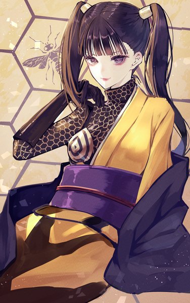 Anime picture 1340x2137 with kamen rider shin kamen rider hachi augment 01 hiromi (shin) misty cj single long hair tall image fringe black hair smile sitting purple eyes twintails blunt bangs traditional clothes japanese clothes adjusting hair girl gloves