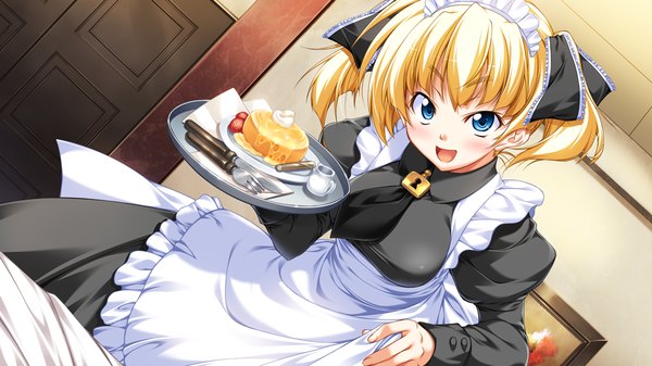 Anime picture 1024x576 with taiyou no promia taiyou no promia flowering days elegano von kreutzer blush short hair open mouth blue eyes blonde hair wide image twintails game cg maid short twintails girl ribbon (ribbons) hair ribbon food headdress maid headdress