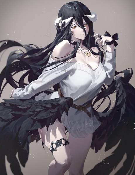 Anime-Bild 2434x3168 mit overlord (maruyama) madhouse albedo (overlord) fajyobore single long hair tall image looking at viewer blush fringe highres breasts black hair simple background smile hair between eyes large breasts standing bare shoulders yellow eyes