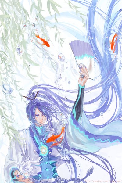 Anime picture 600x900 with vocaloid kamui gakupo yamakawa umi single tall image fringe purple eyes payot looking away purple hair ponytail very long hair traditional clothes arm up magic boy plant (plants) animal water water drop