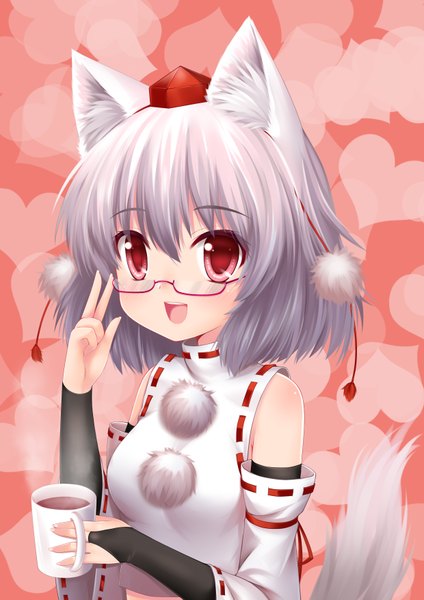 Anime picture 2480x3507 with touhou inubashiri momiji langlong single tall image blush highres short hair open mouth red eyes animal ears animal tail grey hair bespectacled girl hat detached sleeves glasses bridal gauntlets mug