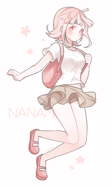 Anime picture 600x1000 with dangan ronpa super dangan ronpa 2 nanami chiaki marin (myuy 3) single tall image looking at viewer blush fringe short hair simple background white background signed pink hair ahoge pink eyes alternate costume character names jumping casual