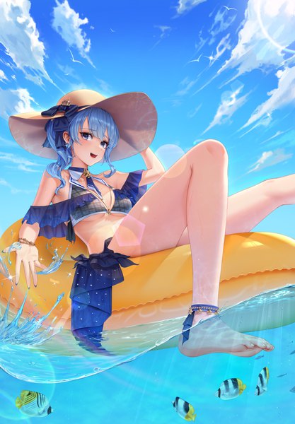 Anime picture 3475x5000 with virtual youtuber hololive hoshimachi suisei cryturtle single long hair tall image looking at viewer blush fringe highres breasts open mouth blue eyes light erotic smile payot blue hair absurdres sky