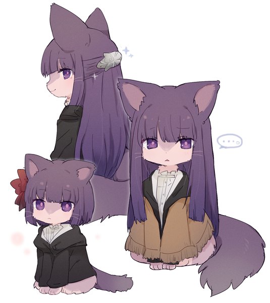 Anime picture 1044x1170 with sousou no frieren fern (sousou no frieren) spommmm long hair tall image looking at viewer fringe simple background white background purple eyes purple hair blunt bangs profile multiview half updo animalization girl animal cat speech bubble