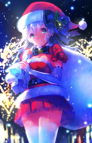 Anime picture 648x1000 with original fuji minako single long hair tall image fringe blue eyes smile silver hair pleated skirt night from below fur trim christmas girl thighhighs skirt bow hat white thighhighs