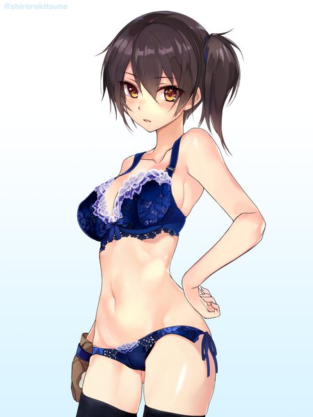 Anime picture 750x1000 with kantai collection kaga aircraft carrier shirokitsune single tall image looking at viewer blush fringe short hair breasts light erotic simple background hair between eyes brown hair standing yellow eyes parted lips underwear only gradient background side ponytail