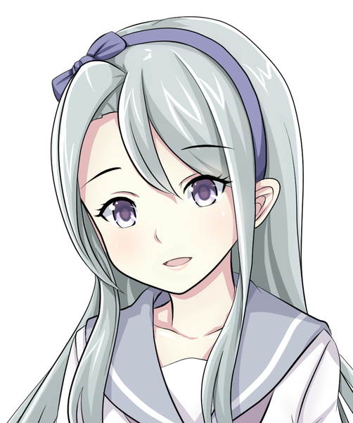 Anime picture 895x1071 with kantai collection sagiri (kantai collection) tk8d32 single long hair tall image looking at viewer blush fringe open mouth simple background hair between eyes white background purple eyes silver hair upper body head tilt portrait girl uniform