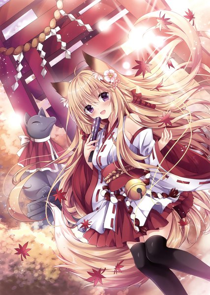 Anime picture 2494x3500 with original nogi takayoshi single long hair tall image looking at viewer blush highres open mouth blonde hair purple eyes animal ears tail traditional clothes japanese clothes animal tail hair flower scan fox ears fox tail