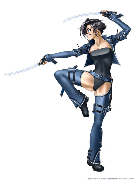 Anime picture 3000x4000 with ronin dude (ray cornwell) single tall image highres short hair blue eyes light erotic black hair simple background white background holding looking away profile fighting stance dual wielding girl gloves navel weapon shoes