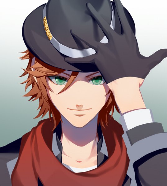 Anime picture 737x823 with ensemble stars! mikejima madara asd13 single tall image looking at viewer fringe short hair simple background smile hair between eyes brown hair green eyes gradient background adjusting hat boy gloves black gloves scarf red scarf