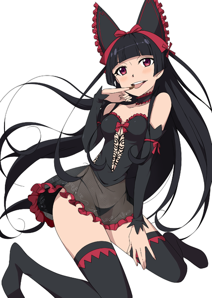 Anime picture 1024x1440 with gate - jieitai ka no chi nite kaku tatakaeri a-1 pictures rory mercury kojy single long hair tall image looking at viewer blush fringe breasts open mouth light erotic black hair simple background smile red eyes white background sitting bare shoulders