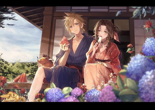 Anime picture 1572x1111 with final fantasy final fantasy vii square enix aerith gainsborough cloud strife kieta long hair short hair blue eyes blonde hair brown hair sitting traditional clothes japanese clothes alternate costume drill hair letterboxed eating architecture east asian architecture