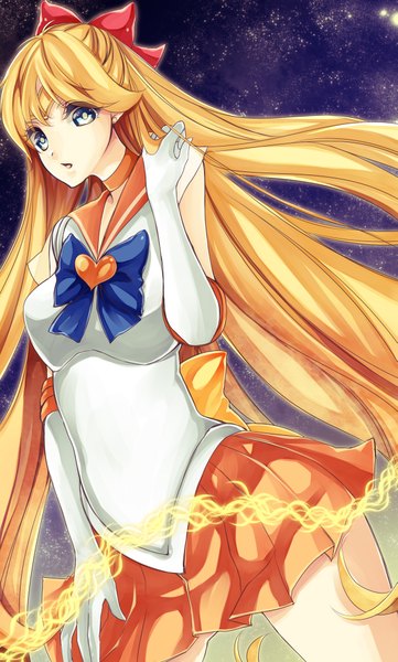 Anime picture 1205x2000 with bishoujo senshi sailor moon toei animation aino minako sailor venus shiho (mono0207) single long hair tall image looking at viewer fringe breasts blue eyes blonde hair large breasts standing pleated skirt adjusting hair half updo girl skirt