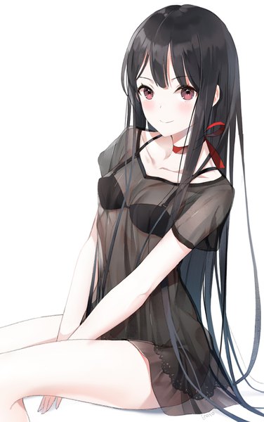 Anime picture 678x1080 with original emyo single tall image looking at viewer blush fringe breasts light erotic black hair simple background smile hair between eyes white background sitting brown eyes signed cleavage very long hair between legs